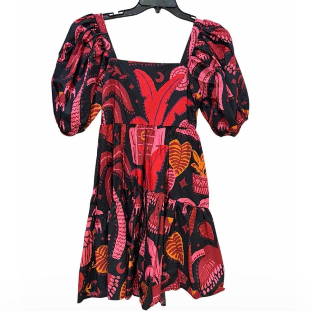 Farm Rio Black & Pink Puff Sleeve Tiered Dress